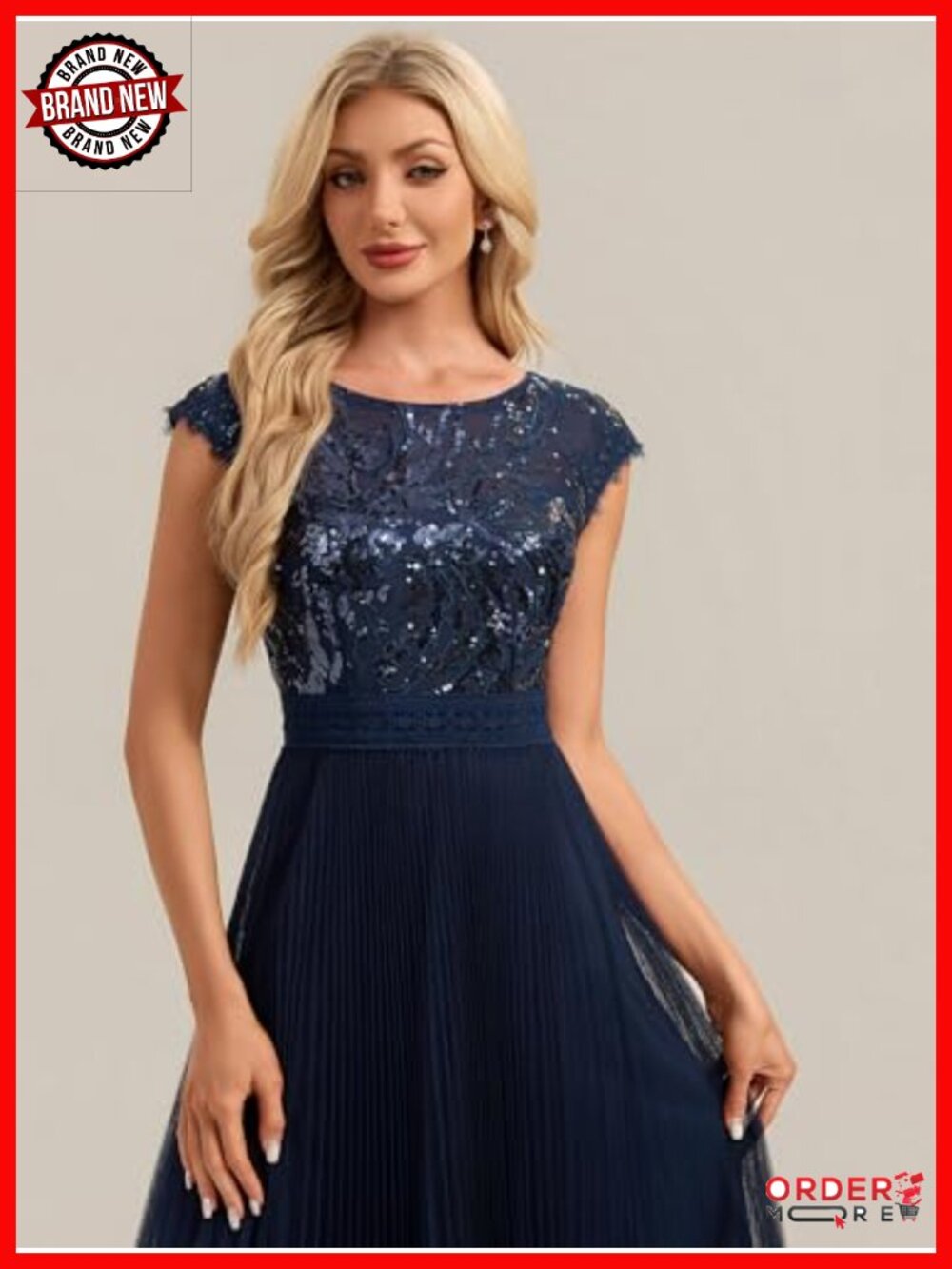 Sequin Round Neck Cap Sleeve Midi A-Line Formal Wedding Guest Dress - Picture 4 of 4